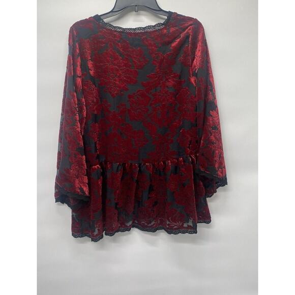 POL Women’s Red Floral Velvet Burnout Babydoll Oversized Boho Top Sz S - Picture 2 of 7